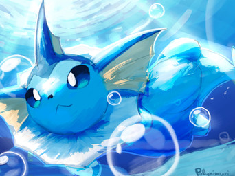 ambiguous_gender blue_body blue_eyes bubble feral smile solo tail underwater water polynimuri nintendo pokemon eeveelution generation_1_pokemon pokemon_(species) vaporeon 2025 blue_theme hi_res signature