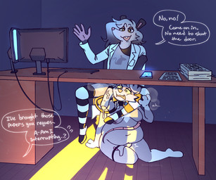 anthro bodily_fluids caught caught_in_the_act caught_off_guard clothed clothed_male clothing coat collar collar_to_penis dark_room desk document dripping duo egg_vibrator electronics exhibitionism eyeshadow female foreskin furniture genital_fluids genitals half-closed_eyes lab_coat legwear makeup male male/female monitor musk narrowed_eyes nipples nude nude_female office penis phone precum precum_drip precum_string sex_toy shock_collar silhouette silhouetted_body slightly_chubby table tail_wrapped_around_body thigh_highs topwear under_table vibrator austyn austyn_(austyn) pat_(patratpatratpat) domestic_cat felid feline felis mammal murid murine rat rodent scottish_fold hi_res