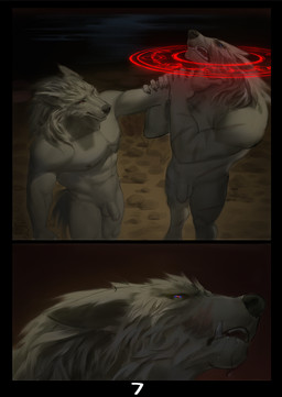 anthro duo fangs flaccid foreskin genitals holding_by_neck magic magic_circle male male/male mind_control penis scar teeth red8ean elden_ring fromsoftware blaidd_(elden_ring) canid canine canis mammal wolf comic multiple_scenes