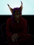 anthro breasts brown_body brown_fur clothed clothing female fur green_eyes hair looking_at_viewer markings purple_hair smile solo spots spotted_body spotted_fur lynjox lynxy_jones felid feline lynx mammal 2020 3:4 digital_media_(artwork) hi_res