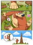 anthro banjo-kazooie banjo_(banjo-kazooie) bear belly blue_eyes brown_body brown_fur butt comic flaccid fur genitals growbro growing hi_res macro male mammal mountain nipples nude pecs penis rareware slightly_chubby thinking thought_bubble