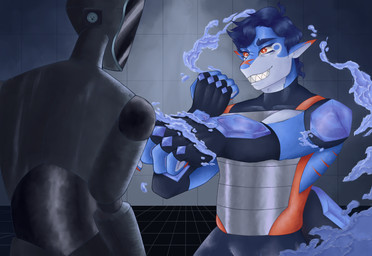 anthro armor black_clothing blue_body blue_hair blue_skin clothed clothing duo ear_fins fight fin fingers fist gloves grin hair handwear machine magic male mannequin markings multicolored_body orange_clothing red_eyes scar sharp_teeth smile tail teeth training water mau_bauu caden_(mau_bauu) aquatic fish humanoid robot shark absurd_res detailed digital_drawing_(artwork) digital_media_(artwork) hi_res