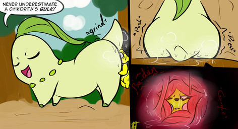ambiguous_gender anal anal_penetration anal_vore big_butt bodily_fluids butt duo feral fur green_body leaf nude open_mouth partially_inside penetration size_difference tail text tongue vore yellow_body yellow_fur afraidpichu nintendo pokemon apple_the_pichu chikorita generation_2_pokemon mammal pichu pokemon_(species) comic digital_media_(artwork) english_text