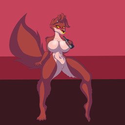 anthro blush bottle breasts container drunk ear_piercing ear_ring facial_piercing female genitals nose_piercing nose_ring piercing red_body red_eyes ring_piercing septum_piercing septum_ring sitting solo substance_intoxication tail vulva foxgumie canid canine fox mammal 1:1 hi_res