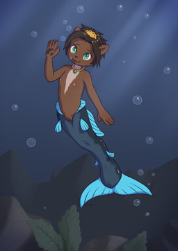 accessory air_bubble anthro biped black_hair black_nose brown_body chest_markings clothing costume eyebrows female fin fish_tail flat_chested genitals gesture green_eyes hair hair_accessory jewelry legless looking_at_viewer markings membrane_(anatomy) necklace nipples nude pawpads short_hair solo split_form tail tail_fin underwater vulva water waving waving_at_viewer webbed_hands white_markings young young_anthro minum ta'hira_(dragontear) aquatic mammal merfolk mustelid otter 2023 absurd_res hi_res