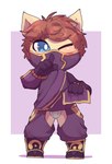 2_toes 4_fingers anthro asian_clothing blue_eyes brown_hair chibi clothed clothed_anthro clothed_male clothing clothing_lift east_asian_clothing feet fingers fundoshi fur geometric_background gloves hair handwear japanese_clothing male male_anthro mask ninja one_eye_closed open_crotch purple_clothing purple_gloves purple_handwear purple_mask short short_anthro short_male shush simple_background solo standing tan_body tan_fur toes underwear warrior young smite_(artist) league_of_legends riot_games tencent kennen_(lol) yordle digital_media_(artwork) hi_res adult_(lore)