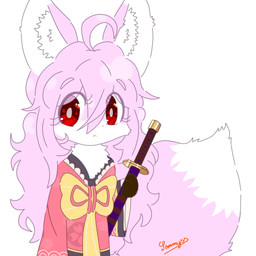 adolescent anthro asian_clothing big_tail brown_body brown_fur clothing dipstick_ears dipstick_tail ear_markings east_asian_clothing eyelashes female fur gloves_(marking) hair holding_object holding_weapon inner_ear_fluff japanese_clothing katana kimono long_hair looking_at_viewer markings melee_weapon multicolored_ears pink_body pink_ears pink_fur pink_hair pink_tail red_eyes simple_background solo standing sword tail tail_markings tuft weapon white_background white_body white_ear_tips white_fur white_inner_ear_fluff white_tail_tip young young_anthro young_female conditional_dnp xammyxx sakura_(xammyxx) canid canine fox mammal 1:1 2026 digital_media_(artwork) flat_colors hi_res ibispaint_(artwork) signature watermark