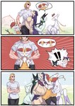 anthro big_breasts braixen breasts clothed clothing delphox exclamation_point female fully_clothed generation_5_pokemon generation_6_pokemon generation_8_pokemon generation_9_pokemon group hi_res hisuian_form hisuian_typhlosion human larger_male lemonbizate_(artist) male mammal meowscarada mienshao muscular muscular_male nintendo pokemon pokemon_(species) question_mark regional_form_(pokemon) shadowed_eyes size_difference speech_bubble tail