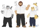 anthro belly bottomwear clothing eyewear glasses group humanoid_hands kemono male overweight overweight_male pants shirt simple_background topwear white_background hinami canid canine canis domestic_dog felid feline lion mammal pantherine 2015