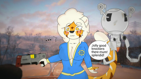 anthro blush breasts clothing cosplay costume dialogue duo female hair machine text vault_suit wolski fallout microsoft codsworth_(fallout) the_sole_survivor_(fallout) domestic_cat felid feline felis mammal mister_handy_(fallout) pantherine robot tiger 16:9 digital_media_(artwork) english_text widescreen