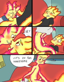 black_clothing clothing dialogue erection fellatio furniture genitals looking_pleasured male male/male on_sofa on_top oral penile penis sex sofa sofa_sex text topwear undressing undressing_self wolfmarian disney elemental_(pixar) pixar elemental_creature elemental_humanoid humanoid comic english_text hi_res