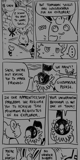 9_panel_comic ambiguous_gender angry beak biped black_text bodily_fluids cross-popping_vein dialogue ellipsis exclamation_point eyes_closed feral fire fur group hair looking_at_another motion_lines mouth_closed open_mouth open_smile paws quadruped question_mark smile sound_effects speech_bubble spread_wings sweat sweatdrop tail talking_to_another text trio wall_(structure) wings flavia-elric nintendo pokemon pokemon_mystery_dungeon spike_chunsoft chatot_(eotds) guildmaster_wigglytuff shen_(flavia-elric) chatot generation_1_pokemon generation_4_pokemon pokemon_(species) shinx wigglytuff 2025 absurd_res comic english_text hi_res monochrome