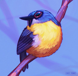ambiguous_feral ambiguous_gender beak black_beak black_tail blue_body blue_feathers blue_sky branch feathered_wings feathers feral folded_wings multicolored_body multicolored_feathers on_branch open_beak open_mouth outside perching purple_tongue red_eyes sky solo tail tail_feathers text tongue wings yellow_body yellow_feathers alice_pisoni avian bird blue-and-yellow_tanager oscine passerine tanager 2023 adobe_photoshop_(artwork) artist_name colored digital_drawing_(artwork) digital_media_(artwork) english_description hi_res shaded