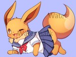 asian_clothing blue_bottomwear blue_clothing blue_skirt bottomwear clothing distracting_watermark east_asian_clothing eevee female feral generation_1_pokemon japanese_clothing japanese_school_uniform looking_at_viewer meme nintendo nuzzle_the_eevee one_eye_closed pokemon pokemon_(species) school_uniform serafuku seviyummy simple_background skirt solo uniform watermark wink winking_at_viewer