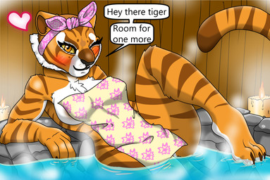 anthro bedroom_eyes blush breasts clothing dialogue feet female fur headgear headwear hot_spring looking_at_viewer narrowed_eyes nude one_eye_closed onsen orange_body partially_submerged seductive smile solo speech_bubble spread_legs spreading steam stripes tail talking_to_viewer text toes towel water white_body white_fur wink winking_at_viewer evilthabad dreamworks kung_fu_panda master_tigress felid mammal pantherine tiger absurd_res digital_media_(artwork) english_text hi_res