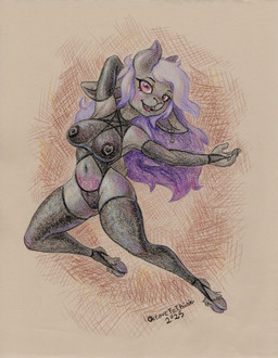 anthro big_breasts breasts clothing cross cross_ear_piercing cross_piercing ear_piercing ear_ring female floating genitals grey_body hair harness hooves horizontal_pupils horn legwear lingerie long_hair looking_at_viewer navel nipple_piercing nipples occult_symbol pentagram pentagram_harness pentagram_lingerie piercing pink_eyes pose pupils purple_hair ring_piercing solo stockings symbol thigh_highs vulva womb_tattoo conditional_dnp octavetothink bovid caprine caprine_demon demon goat goat_demon mammal 2025 absurd_res crayon_(artwork) hi_res pinup signature traditional_media_(artwork)