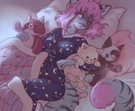 anthro bed clothing cuddling_plushie female fluffy fur furniture hair lying markings on_back on_bed pajamas pillow pink_eyes pink_hair plushie smile smiling_at_viewer solo spots spotted_body spotted_fur striped_body striped_fur stripes littlesis fynnley_(character) domestic_cat felid feline felis mammal mixed_breed savannah_cat hi_res