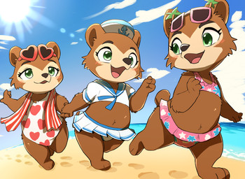 anthro beach blush brown_body brown_fur clothing cloud eyewear female fur green_eyes group hat headgear headwear looking_back one-piece_swimsuit open_mouth outside sea seaside sky smile sun sunbonnet_trio sunglasses swimwear water young young_anthro young_female manmosu_marimo country_bear_jamboree disney beulah_(country_bear_jamboree) bubbles_(country_bear_jamboree) bunny_(country_bear_jamboree) bear mammal 2021 absurd_res hi_res