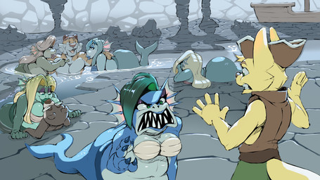 5_fingers anthro anthro_on_anthro big_breasts blonde_hair blue_body blue_scales bra breasts claws clenched_teeth clothing detailed_background eyewear female fin fingers glasses green_body green_hair green_scales group hair hat headgear headwear kissing male male/female navel overweight overweight_female partially_submerged river rock round_glasses scales seashell_bra sharp_teeth ship smile split_form surprised tail teeth underwear vehicle water watercraft caesartf canid felid mammal marine merfolk mustelid pantherine siren tiger 16:9 2025 digital_media_(artwork) hi_res widescreen
