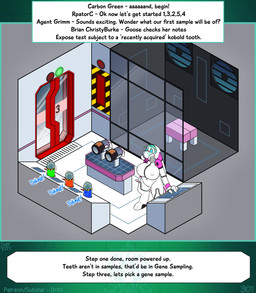 anthro big_breasts breasts clothed clothing female hair hazmat_suit huge_breasts laboratory nipple_outline non-mammal_breasts tail text text_box drxii kobold_quest gooseberry_kobold kobold reptile scalie digital_media_(artwork) english_text hi_res url