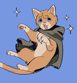 ambiguous_gender blue_background blue_eyes cloak cloak_only clothing feral feralized four_pointed_star fur long_tail orange_body orange_fur pawpads pink_pawpads simple_background smile star tail azulmagpie attack_on_titan armin_arlert domestic_cat felid feline felis mammal hi_res