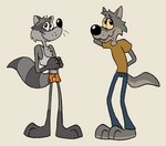 anthro bottomwear chest_tuft clothing crop_top denim denim_bottomwear denim_clothing duo hotpants jeans looking_away male pants shirt shorts shy simple_background t-shirt topwear tuft doodledoggy orf_(character) sam_(orf) canid canine canis mammal procyonid raccoon toonkind wolf clip_studio_paint_(artwork) digital_media_(artwork)