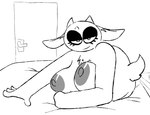 2_horns 4_fingers anthro areola bed bedroom_eyes big_areola big_breasts big_eyes black_line_art breasts chest_tuft closed_smile door eyebrows eyelashes female fingers fur furniture horn inside looking_at_viewer lying mouth_closed narrowed_eyes nipples on_bed on_side scut_tail seductive short_tail simple_background smile solo tail tuft white_background the_weaver nan_quest nan_(nq) bovid caprine goat mammal digital_media_(artwork) greyscale monochrome sketch
