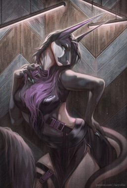 anthro biped breasts claws clothed clothed_anthro clothed_female clothing female fingers front_view hair looking_at_viewer smile solo standing tail text lazyollie kali_(blooddraon) acrador canid canine canis jackal mammal 2026 digital_drawing_(artwork) digital_media_(artwork) hi_res url