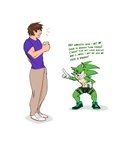 anthro bet bet_condition bulge clothed clothing comparison_bet dialogue duo fur green_body green_fur grin harness male piercing sharp_teeth simple_background size_difference smile talking_to_another teeth text jackofak archie_comics sega sonic_the_hedgehog_(archie) sonic_the_hedgehog_(comics) sonic_the_hedgehog_(series) scourge_the_hedgehog eulipotyphlan hedgehog human mammal comic english_text hi_res