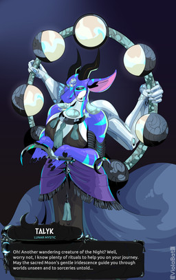 4_arms anthro black_sclera blue_eyes clothing dress female horn jewelry long_dress looking_at_viewer machine markings mechanical_arm moon moon_(marking) multi_arm multi_limb ring sickle silver_(metal) silver_jewelry solo talking_to_viewer text viola_bat hades_(game) mythology dragon mythological_creature mythological_scalie scalie absurd_res english_text hi_res