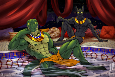 abs anthro balls bath black_body black_fur bottomwear city clothing countershading curtains duo egyptian fur genitals glowing glowing_eyes green_body green_scales loincloth looking_at_viewer male male/male muscular muscular_anthro muscular_male neckwear night nipples non-mammal_balls non-mammal_nipples pecs pillow scales tail water iudicium86 league_of_legends riot_games tencent nasus_(lol) renekton canid canine canis crocodile crocodilian jackal mammal reptile scalie hi_res brother_(lore) brothers_(lore) sibling_(lore)