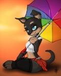 abstract_background anthro belt biped black_body black_fur blue_eyes bottomwear clothing collar ear_piercing female fur legwear looking_at_viewer piercing shirt simple_background sitting skirt solo stockings tank_top topwear umbrella tt-n canid canine canis domestic_dog mammal mastiff molosser rottweiler 2012 signature