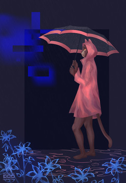 abstract_background anthro blue_background blue_flower brown_body clothing coat female flower holding_object holding_umbrella multicolored_body orange_eyes pink_raincoat pink_umbrella plant puddle rain_drops raincoat rectangle simple_background solo standing tail topwear transparent_flower transparent_umbrella two_tone_body umbrella worried ocelotka microsoft the_elder_scrolls ocelotka_(ocelotka) felid feline khajiit mammal digital_media_(artwork) full-length_portrait portrait