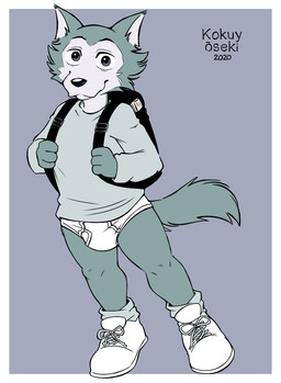 anthro backpack briefs clothed clothing footwear fur looking_at_viewer male solo tighty_whities underwear white_briefs white_clothing white_footwear white_underwear young young_anthro young_male iztli beastars legoshi_(beastars) canid canine canis mammal wolf 2020