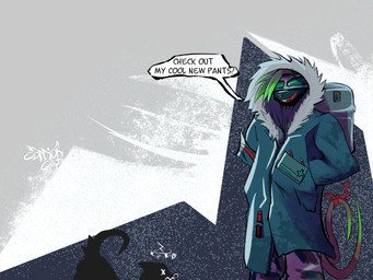 abstract_background amputee anthro clothing disability highlights_(coloring) ice jacket missing_arm multi_tail tail text topwear carrioncat mammal murid murine rat rodent 4:3 english_text hi_res