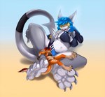 4_toes 5_fingers anthro blue_hair breasts claws duo feet female fingers foot_focus grey_body grey_scales hair micro navel non-mammal_breasts orange_body orange_scales scales smile soles toe_claws toes jazzumi katie_(pogonip) nikki_(pogonip) fish marine shark