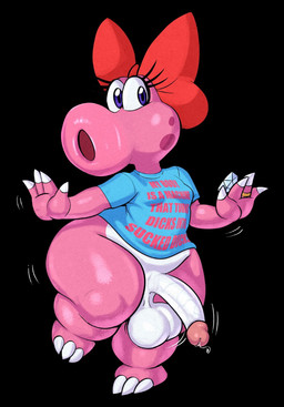 accessory anthro balls barefoot big_balls big_penis black_background bodily_fluids bottomless claws clothed clothing eyelashes feet genital_fluids genitals gynomorph hair_accessory hair_ribbon intersex penis pink_body precum purple_eyes ribbons ring_(jewelry) shirt simple_background solo thick_thighs toe_claws topwear white_balls white_penis guillion mario_bros nintendo birdo_(character) birdo dinosaur prehistoric_species reptile scalie hi_res trans_(lore) trans_woman_(lore)