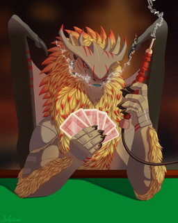 anthro card card_game casino gaming hookah male smoke smoking solo versa owl_light european_mythology mythology saybin_iacere versa_nadeen aerusan dragon mythological_creature mythological_scalie scalie western_dragon absurd_res hi_res