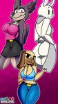 anthro big_breasts bottomless breasts brown_body brown_fur clothed clothing eyebrows female fur group no_underwear open_mouth simple_background size_difference smile sweater sweater_only thick_eyebrows thick_thighs topwear topwear_only virgin_killer_sweater white_body white_fur nativefall beastars meme_clothing haru_(beastars) juno_(beastars) kyuu_(beastars) canid canine canis domestic_rabbit dwarf_rabbit lagomorph leporid lop_rabbit mammal oryctolagus rabbit wolf 2020 9:16 hi_res meme