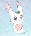 blush chest_tuft clover_(plant) eyelashes female feral fur looking_at_viewer plant purple_eyes shamrock smile solo tuft white_body white_fur young cryingtart happy_happy_clover sayuri_tatsuyama clover_(happy_happy_clover) domestic_rabbit lagomorph leporid mammal oryctolagus rabbit