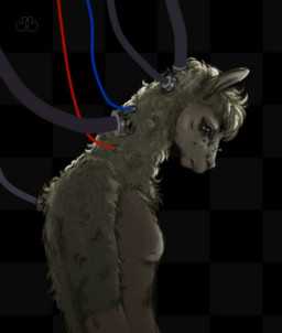 anthro blue_eyes checkered curly_hair eyewear glasses hair looking_down male nude science_fiction simple_background solo vent_art wire jameslewis g_jamez alpaca camelid mammal hi_res