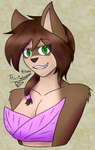 anthro breasts brown_body brown_fur brown_hair brown_nose cleavage clothed clothing facial_markings female fur green_eyes hair head_markings leaf_clothing markings mask_(marking) ponytail smile solo trinitygodag sada_(trinitygodag) canid canine canis fey mammal wolf 2022 bust_portrait digital_drawing_(artwork) digital_media_(artwork) hi_res portrait shaded signature