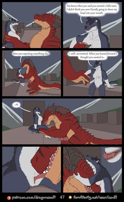 annoyed anthro black_body black_fur black_horn black_stripes bodily_fluids breasts brown_hair countershading cunnilingus dialogue duo erection female fur furaffinity_logo genitals grabbed green_eyes grey_body grey_fur hair head_grab horn internal larger_male looking_pleasured male male/female mountain multi_horn nipples nude oral outside overbite page_number parapet patreon_logo penis purple_eyes red_body red_fur saliva saliva_on_head saliva_string seven_frame_image sex sitting size_difference sky smaller_female speech_bubble spiked_penis spikes spikes_(anatomy) spread_legs spreading standing stripes tail tan_body tan_fur text tongue tongue_out vaginal vulva wet wet_body wet_fur white_body white_fur rimentus furaffinity mythology patreon allie_(rimentus) coalt canid canine canis dragon furred_dragon furred_scalie mammal mythological_creature mythological_scalie scalie wingless_dragon wolf 2022 comic english_text hi_res multiple_scenes url