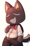 anthro belt black_body black_fur bow_(feature) bow_in_front bow_tie clothing eyes_closed fur male open_mouth smile solo suit wolfaroonii kuro_(doko_demo_issho) domestic_cat felid feline felis mammal hi_res