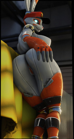 anthro anus barely_visible_anus blue_eyes buckteeth butt butt_focus clothing female genitals glowing glowing_eyes grin hand_on_butt hand_on_own_butt hat headgear headwear legs_together looking_at_viewer looking_back looking_back_at_viewer machine nude nude_anthro nude_female presenting presenting_hindquarters rear_view smile smiling_at_viewer solo teeth thick_thighs vulva wide_hips vladoknoaz113 warfaremachine_(modeler) gimbal_(warfaremachine) android lagomorph leporid mammal rabbit robot robot_anthro 3d_(artwork) digital_media_(artwork) hi_res watermark