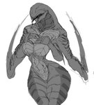 2023 3_fingers 4_arms absurd_res alien alien_humanoid big_breasts biped breasts claws colored_sketch evolve_(copyright) eyeless featureless_breasts featureless_crotch female fingers front_view grey_body grey_markings hi_res holding_breast humanoid markings monochrome multi_arm multi_limb noseless not_furry nude portrait simple_background sketch solo spookyboi thick_thighs three-quarter_portrait weapon_arm white_background wide_hips wraith_(evolve)