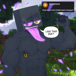 abs bedroom_eyes biceps big_tongue black_body black_nipples black_skin dialogue eyebrow_piercing facial_piercing gesture glowing glowing_eyes glowing_tongue hand_gesture heterochromia long_tongue looking_at_viewer male muscular muscular_humanoid muscular_male narrowed_eyes nipple_piercing nipples not_furry outside pecs piercing pointing pointing_at_self seductive solo speech_bubble square_(anatomy) square_head text tongue tongue_out deuzion microsoft minecraft mojang xbox_game_studios aurus_(endertwinks) enderman humanoid monster 1:1 english_text hi_res