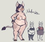 anthro belly big_belly big_breasts bra breasts clothing ears_up female hair hooves legwear nipples nude overall_dress panties ponytail purple_hair shirt snout solo spots stockings tail thick_thighs topwear underwear wide_hips delle natasha_(marsupialmadness) mammal suid suine