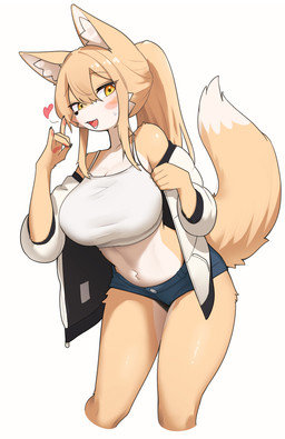5_fingers anthro big_breasts blonde_hair blue_bottomwear blue_clothing blue_shorts bodily_fluids bottomwear breasts clothed clothed_anthro clothed_female clothing countershade_torso countershading crop_top denim denim_bottomwear denim_clothing denim_shorts dipstick_tail emoji_description female female_anthro fingerpads fingers front_view fur gesture hair heart_symbol hotpants inner_ear_fluff kemono markings midriff open_mouth pawpads ponytail shirt shorts simple_background solo suggestive suggestive_gesture sweat sweatdrop tail tail_markings topwear tuft white_background yellow_body yellow_fur yellow_tail jeifier rebekah canid canine fox mammal 2024 digital_media_(artwork) hi_res korean_description portrait three-quarter_portrait