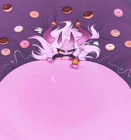 belly big_belly big_breasts bodily_fluids bottom_heavy breasts chocolate_doughnut clothing dessert doughnut female food gesture hair hand_gesture hand_on_belly horn huge_belly huge_thighs humanoid_pointy_ears hyper hyper_belly lying medium_breasts motion_lines navel on_back overweight overweight_female overweight_humanoid pastry pear-shaped_figure pink_body pink_eyes pink_frosted_sprinkled_doughnut pink_skin pointing pointy_ears pupils rumbling_stomach solo spade_tail sprinkles stuffing sweat sweatdrop tail thick_thighs topwear under_boob white_hair white_pupils wide_hips yellow_sclera mysterydad vile_(mysterydad) demon demon_humanoid horned_humanoid humanoid imp 2025 hi_res